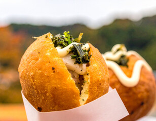 Takoyaki Ball with Seaweed and Mayonnaise Topping in Paper Cone, Street Food