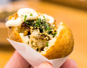 Takoyaki Bite: Savory Japanese Street Food with Toppings and Sauce