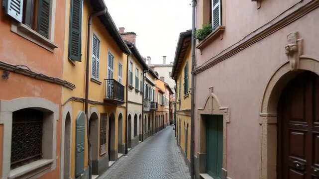 Narrow street between old houses with cobbled road