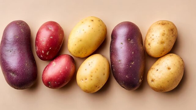 Colorful varieties of potatoes arranged in order on natural background