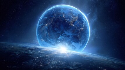 Fototapeta premium a stunning blue planet illuminated against a bright backdrop showcasing cosmic beauty and mystery