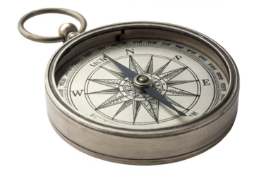 An elegant antique silver navigational pocket compass with a detailed engraved face, representing vintage exploration, direction, and adventure on a white background