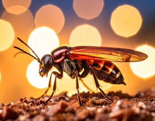 Tawny Mining Bee Close-Up on Soil with Bokeh Background