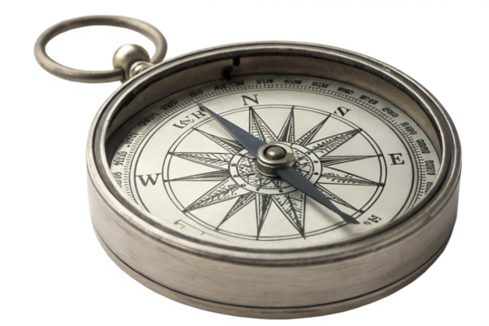 An elegant antique silver navigational pocket compass with a detailed engraved face, representing vintage exploration, direction, and adventure on a white background