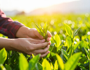 Tea Leaves Harvest: Hands Picking Fresh Green Tea in Sunlight
