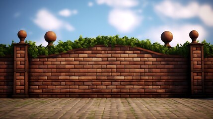 Artistic brick wall with greenery and ornamental posts under a blue sky provides a quaint charm