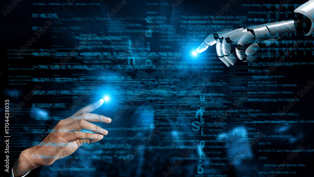 Poster a captivating visual of a human hand and a robotic hand reaching towards one another amidst a digita