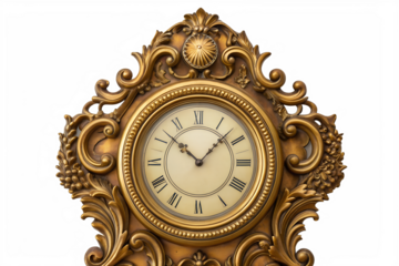 Elegant Timepiece Ornate Vintage Clock with Roman Numerals on White Background