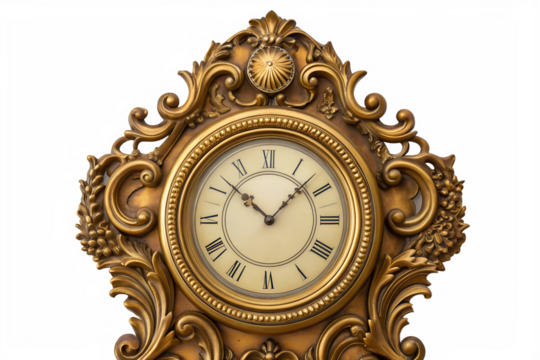 Elegant Timepiece Ornate Vintage Clock with Roman Numerals on White Background