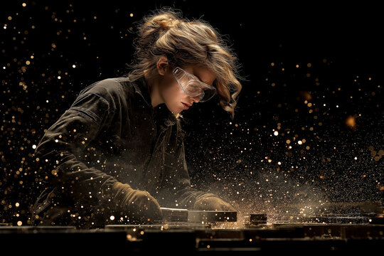 Female Metalworker with Flying Sparks