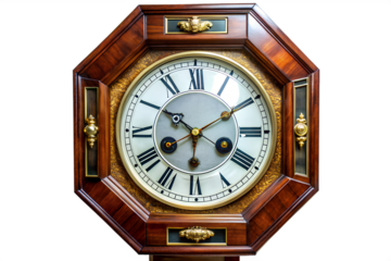 Elegant antique wooden wall clock, showcasing classic Roman numerals and polished brass details, a vintage timekeeping instrument of refined precision