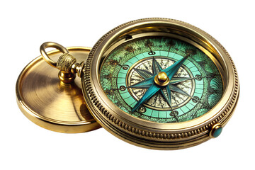 Elegant vintage brass pocket compass with an ornate turquoise face and a detailed compass rose, isolated on a white background for navigation and exploration concepts