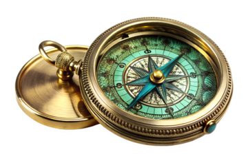 Elegant vintage brass pocket compass with an ornate turquoise face and a detailed compass rose, isolated on a white background for navigation and exploration concepts