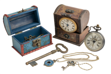 Antique Clock, Keys, and Treasure Chest A Vintage Still Life