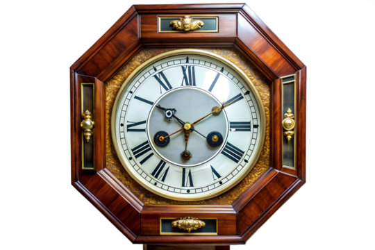 Elegant antique wooden wall clock, showcasing classic Roman numerals and polished brass details, a vintage timekeeping instrument of refined precision