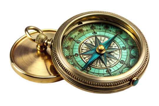 Elegant vintage brass pocket compass with an ornate turquoise face and a detailed compass rose, isolated on a white background for navigation and exploration concepts - Powered by Adobe