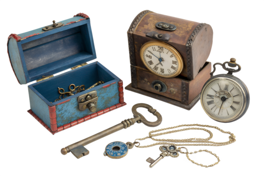 Antique Clock, Keys, and Treasure Chest A Vintage Still Life