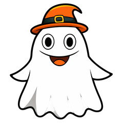 Cute Cartoon Ghost Wearing Orange Witch Hat, Happy Halloween Character, Vector Illustration
