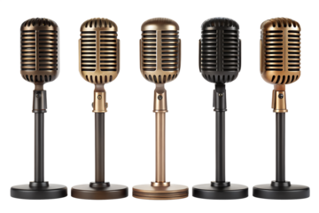 Elegant assortment of five vintage-style condenser microphones for broadcasting and recording, showcasing a classic design in different metallic finishes