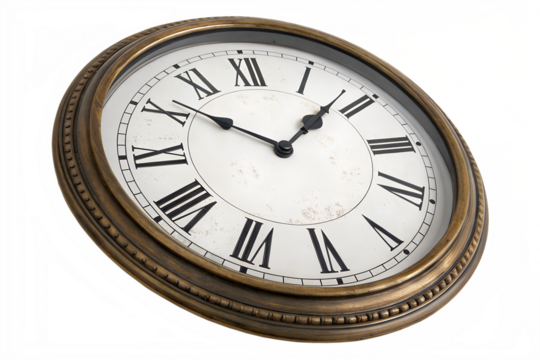 Elegant Vintage Round Wall Clock with Roman Numerals and Ornate Gold Frame Isolated on White Background