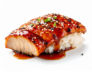 Teriyaki Chicken Sushi with Sesame Seeds and Scallions on White Background