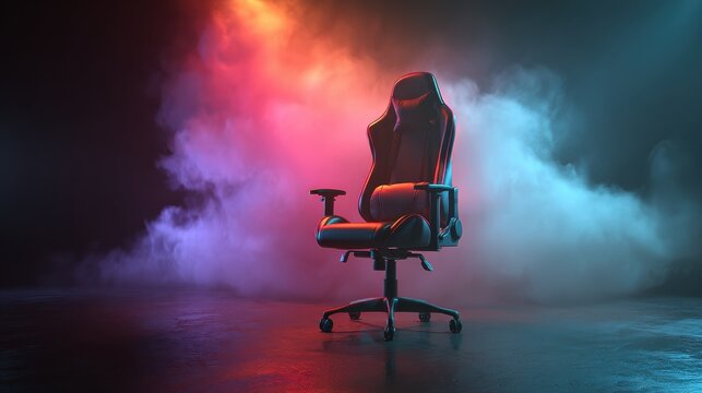 futuristic gaming chair illuminated in a dark room with vibrant neon lights and atmospheric fog perfect for esports and streaming