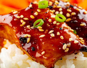 Teriyaki Salmon with Sesame Seeds and Scallions on Rice, Close-Up