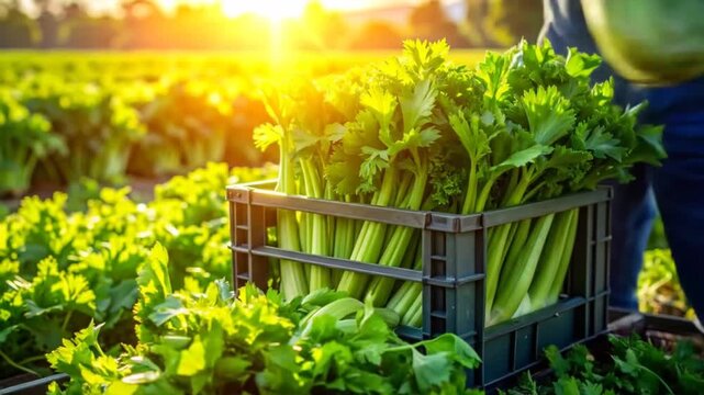 Farm Fresh Celery Harvest: A Vibrant Look at Sustainable Agriculture Practices Under Golden Sunset