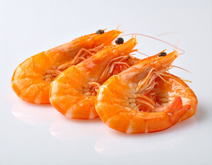 Three Cooked Shrimp on White Background, Close-Up Food Photography