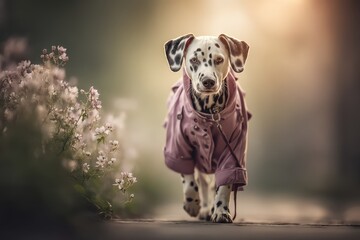 A charming Dalmatian puppy wearing a stylish pink coat walks near wildflowers, radiating cuteness and innocence in the golden light of a serene outdoor setting.