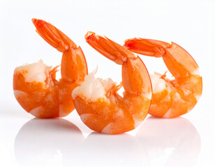 Three Cooked Shrimp Tails on White Reflective Surface, Seafood Delicacy