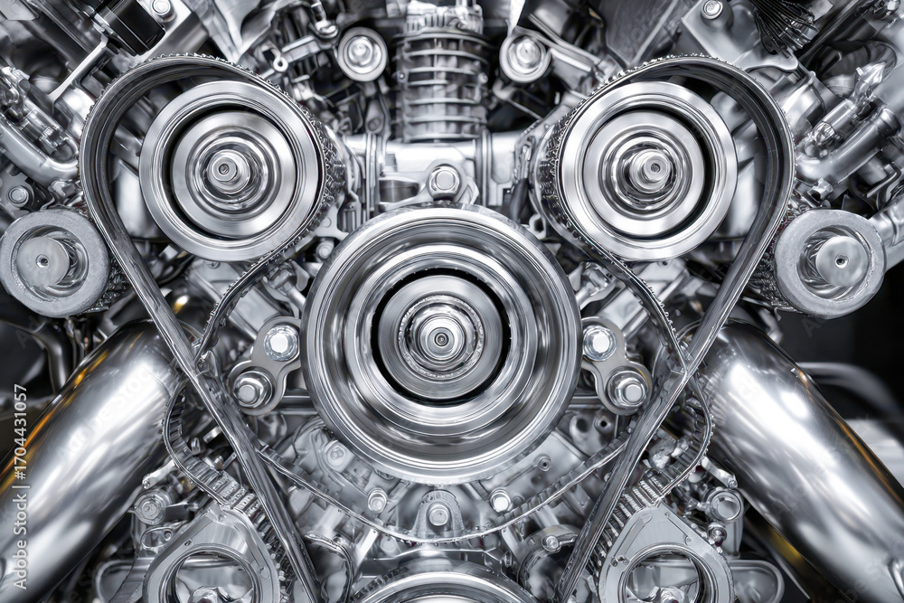 Poster close-up of a shiny metallic car engine with polished belts and pulleys demonstrating intricate mech