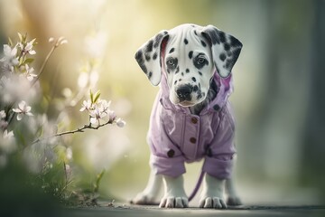Adorable Dalmatian puppy in a lilac jacket poses amidst blooming flowers in soft, diffused light, creating a charming scene of innocence and springtime beauty.