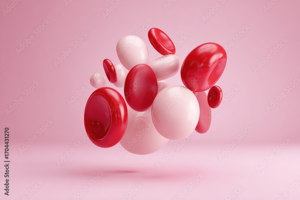 Poster abstract 3d rendering of red and white glossy spheres and discs floating on pink background, minimal