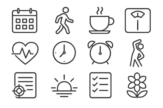 Life Rhythm Icons. Line style icons of life rhythm tools: calendar, walking, coffee cup, scales; heart pulse, clock, alarm,