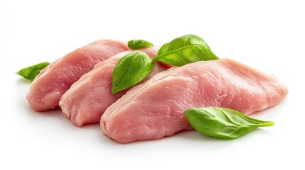 Raw turkey escalopes with basil on white background