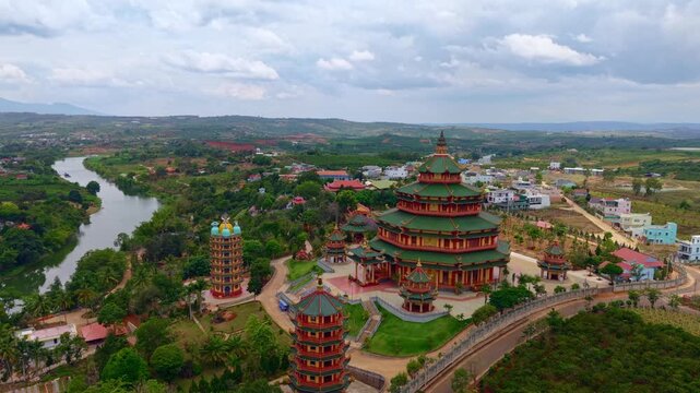 Aerial view Lien Tinh Temple, Dai Ninh Pagoda Da Lat city, Vietnam.