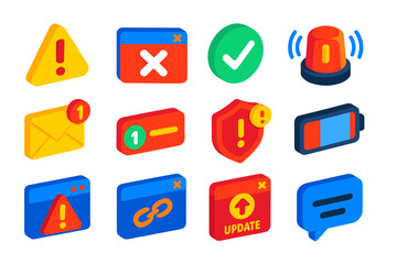 Vibrant Alert Icons. Isometric vector illustration set Alert notifications: warning triangle icon, error popup window, success