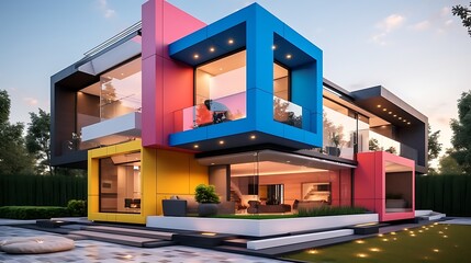 Contemporary residential architecture, vibrant colors and geometric shapes, modern design concept