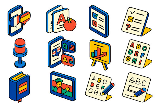 Language Learning Icons. Isometric vector illustration set Language learning: translation app, vocabulary flashcards,