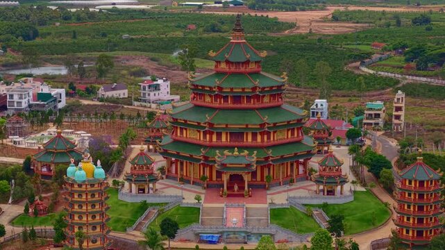 Aerial view Lien Tinh Temple, Dai Ninh Pagoda Da Lat city, Vietnam.