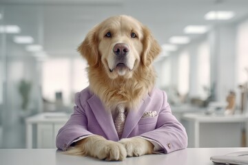 A serious golden retriever dog in a suit and tie sits at a desk in an office, looking professional and businesslike, waiting for an important meeting.