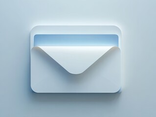 A minimalist 3D render of a light blue envelope icon, slightly open to reveal a lighter blue interior, set against a matching pale blue background.  The design is simple and clean