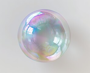 An iridescent sphere, possibly a soap bubble, floats against a plain, light gray backdrop.  Its surface displays subtle, shifting pastel colors and reflections