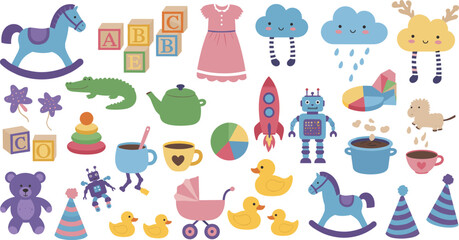 Fototapeta premium Children, toys, colorful, playful, cartoon, objects, fun, robot, rocket, dress, cloud, duck, horse, mug, chart, bear, stroller, blocks, fantasy, illustration