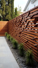 Artistic privacy screen fence showcasing woodwork details in an outdoor garden setting