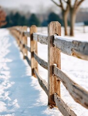 Fototapeta premium Winter Landscape Featuring a Rustic Wooden Fence Lined Along a Snowy Path in a Serene Outdoor Setting