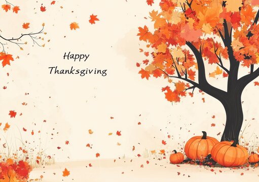 Thanksgiving greeting with autumn tree and pumpkins illustration