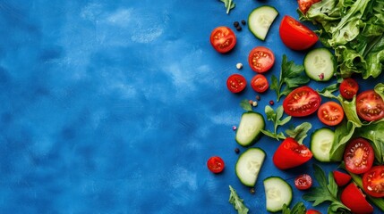 Obraz premium Fresh tomatoes cucumbers greens on blue background
