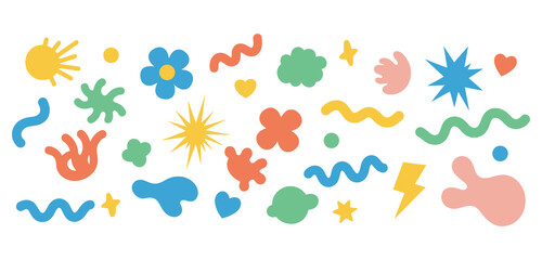 A set of stickers with abstract clouds and flowers, featuring vibrant retro cartoon-style designs of funky flowers, bubbles, stars, loops, and waves.